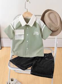 Young Boy Summer Japanese-Style Short Sleeve Shirt With Denim Patchwork And Matching Casual Denim Shorts Set - Multicolor - View 1