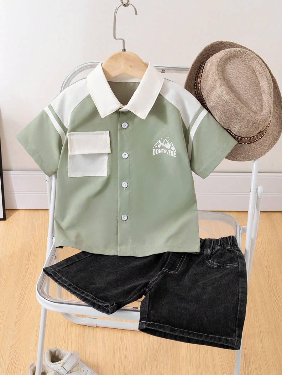 Young Boy Summer Japanese-Style Short Sleeve Shirt With Denim Patchwork And Matching Casual Denim Shorts Set - Multicolor - View 1