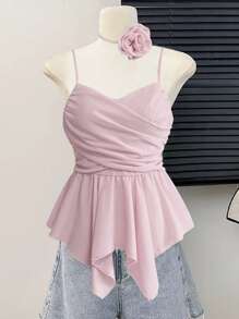 SHEIN Unity Elegant Ladies Dusty Mauve Summer Party Tank Top,Spaghetti Strap Criss-Cross Ruffle Asymmetric Double Layer Hem Back Tie 3D Rose Decor Cute Pink - Pink - View 3