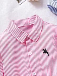 Genkimix Kids 2pcs/Set Tween Girls Blue Striped Collar Short Sleeve Embroidered Waist Dress And Blue Striped Collar Waist Shirt Dress - Multicolor - View 7