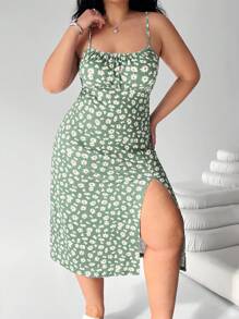 Solflare Plus Size Feminino, Roupas de Praia Femininas, Boho, Roupas de Primavera, Vestido de Festa de Natal Plus, Vestido Havaiano Feminino, Vestido Casual Feminino, Vestido Casual com Alças Finas e Estampa Dividida - Verde Azeitona - Ver 3