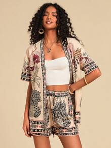 Travachic 2pcs Vacation Casual Tropical Print Shirt & Shorts Set,Two Pieces Set Women,Vacation Outfits Women,Boho,Summer,Summer Outfits For Women,Beach Outfits For Woman,Short Sets For Women - Apricot - View 3