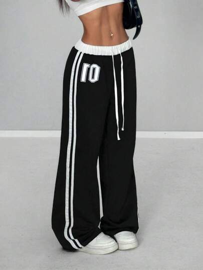 StreetHx Women's Spring & Summer Numeric Print Waist Insert Casual Sports Streetwear Retro Long Sweatpants Graduation,Back To School Outfits,Graduation,Teacher Outfits For Women,Back To School Fall Cloth For Women