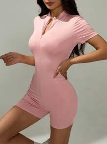 SHEIN PETITE Women's Casual Pink Knitted Unitard With Stand Collar, Short Sleeves, And Zipper Detail - Pink - View 1