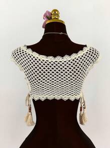 Amplova 波西米亚风度假海滩度假夏季女士度假蕾丝边透明钩针系带女式衬衫，透视上衣