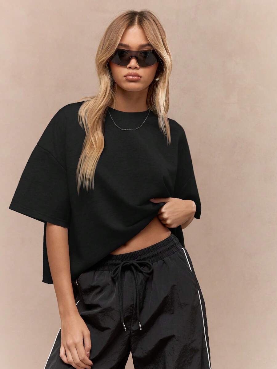 MISSGUIDED 超大重型环回T恤运动休闲圆领下垂肩部轻松版型街头风格秋冬必备都市时尚基础款 - 黑色 - 查看 1