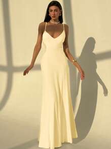 Aloruh 女士 V 领细肩带露背紧身美人鱼连衣裙，适合婚礼季节 - 黃色 - 查看 5