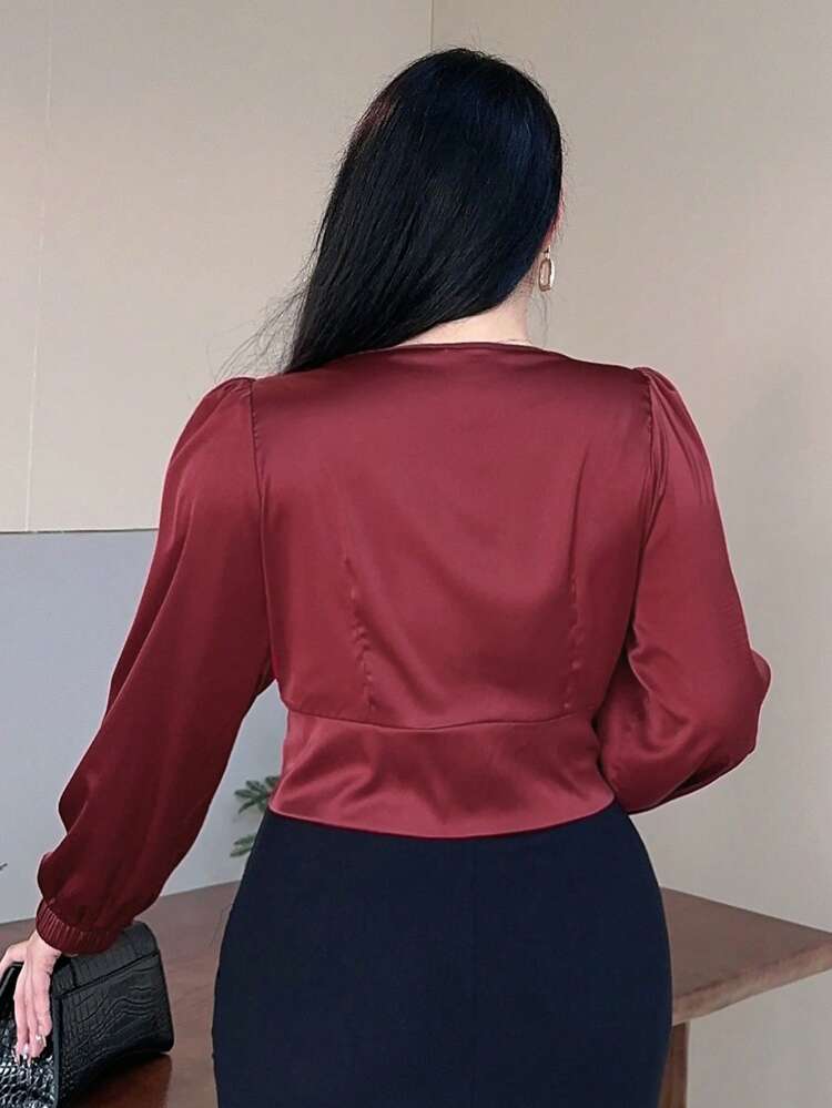 Dazy Plus Plus Size V-Neck Fitted Waist Crop Long Sleeve Burgundy Shirt, Spring/Summer/Autumn Christmas