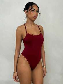 Glamine Women's Burgundy Knitted Bodysuit With Spaghetti Straps, Lace Detail, And Ruffle Neck - Burgundy - View 4