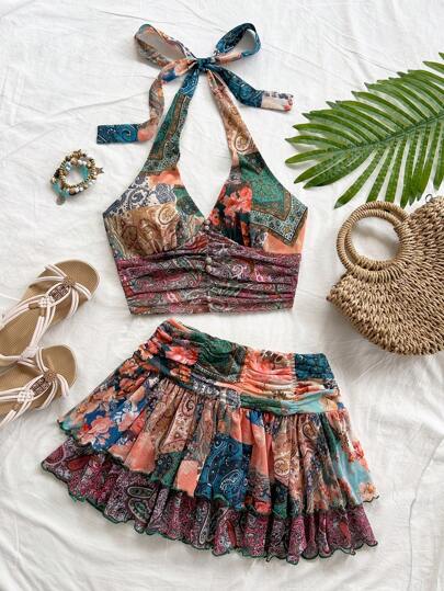 Soleia Nuevo conjunto de 2 piezas de top corto de cuello halter con estampado de punto y falda mini plisada para agradecer por las fiestas