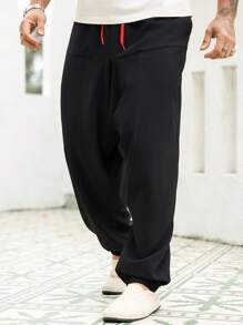 Manfinity Homme Plus Size Men's Casual Solid Color Drawstring Waist Drop-Crotch Pants - Black - View 4