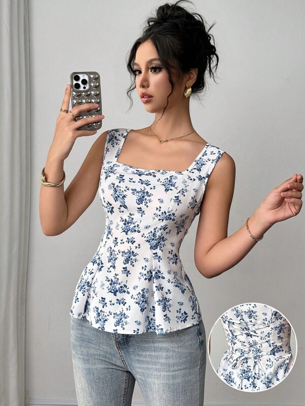 Rafferiza Blusa de mujer sin cuello con estampado de tela, plisada con lazo en la cintura y sin mangas