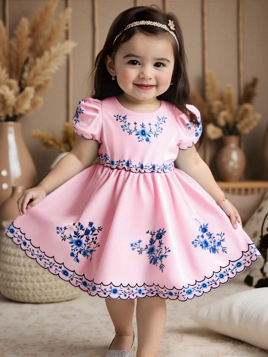 SHEIN 女婴幼儿 0-3 岁优雅度假泡泡袖蓝白连衣裙，春夏