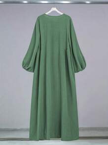 Al Najma 女士纯色圆领灯笼袖阿拉伯风格长裙，端庄 - 綠色 - 查看 2