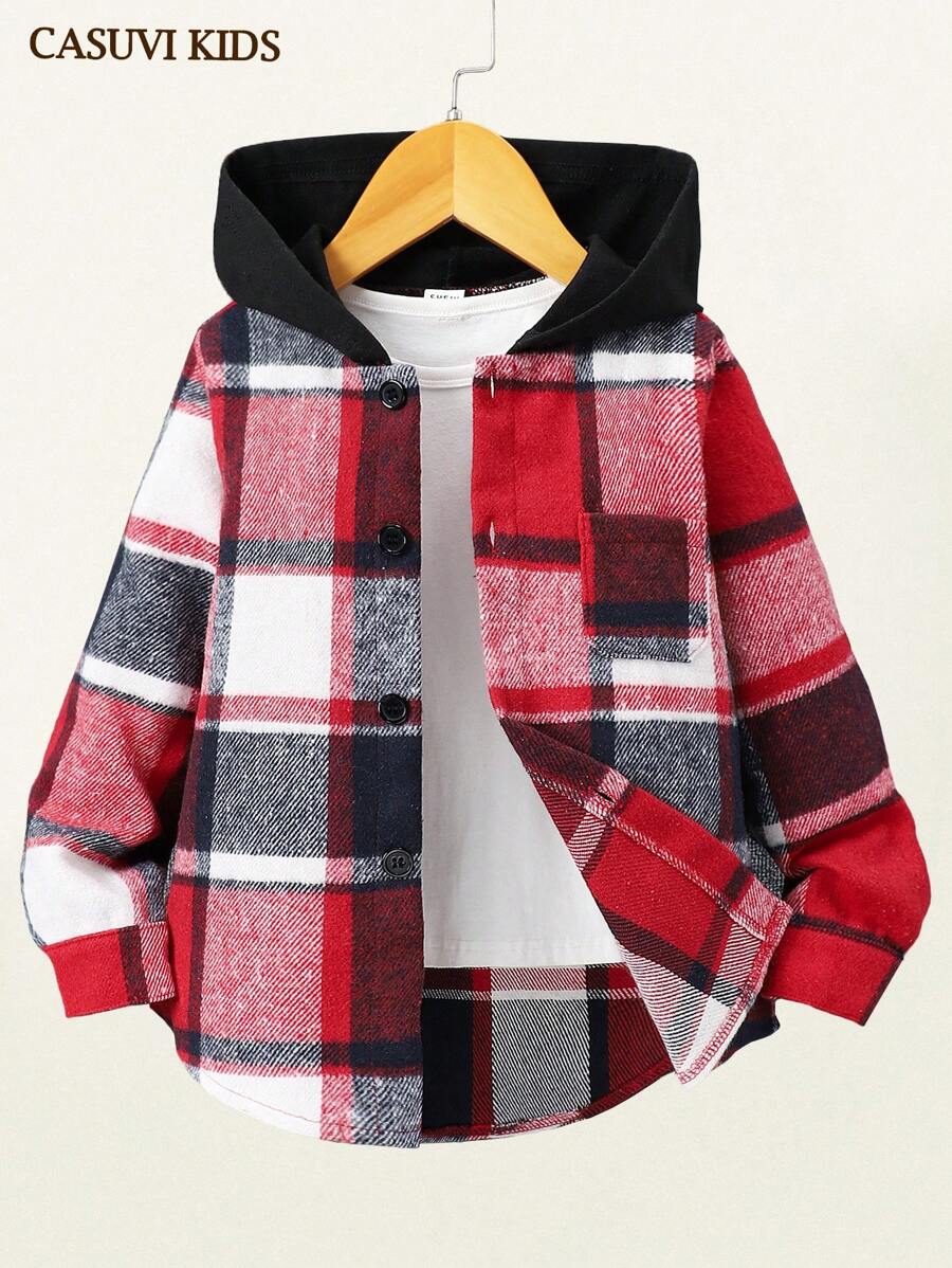 SHEIN Young Boy Plaid Print Button Front Hooded Jacket - Red - View 1