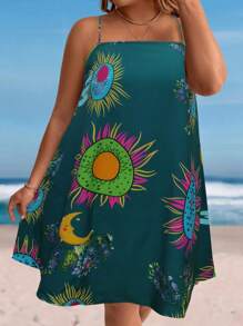 SHEIN Holidaya 大码复古印花挂脖式休闲度假连衣裙