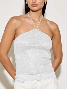 AiiRZ 挂脖亮片蕾丝吊带背心 - 白色 - 查看 4
