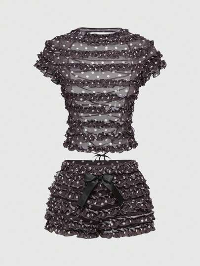 J-Fashion Y2K Sexy Mesh rückenfreies Polka Dot Muster Volant Saum Crop Top und Mini Shorts Set für Damen
