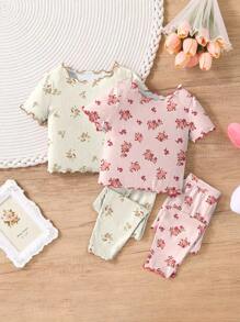 SHEIN Baby Girls 2pcs/Set Ditsy Floral Pattern Contrast Trim Home Service Clothes, Suitable For Spring & Summer - Multicolor - View 1