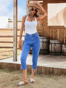 Breezaya Damskie, casualowe, przetarte, krzyżujące się w pasie jeansy Slim Fit z denimu - Niebieski - Zobacz 5