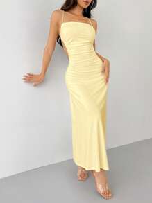 SHEIN PETITE 白色舞会礼服细肩带露背紧身垂坠领长款女式连衣裙 - 黃色 - 查看 5