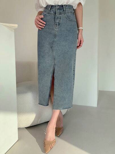 DAZY Women Straight Cut Denim Skirt With Pockets And Slit Hem, Casual Jeans Skirt Fall,Winter