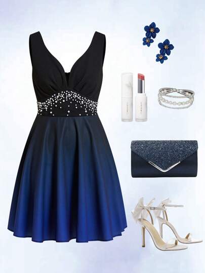 Ellevyn Clasi Women V-Neck Pearl Beaded Waist A-Line Elegant Wedding Guest Spring/Summer Short Dress