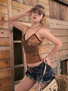 SHEIN EZwear Summer Rave Festival Graphic Printed Mesh Cami Top - Coffee Brown - View 6