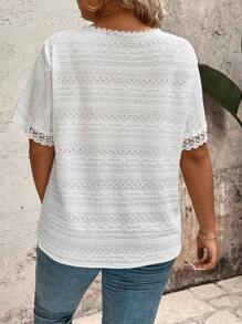 EMERY ROSE Plus Size V-Neck Lace Splice Collar Short Sleeve Textured T-Shirt - White - View 2