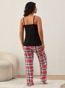 RueChic Conjunto de pijama de 2 piezas con camisa sin mangas con bolsillo y pantalón largo de estampado a cuadros para mujer tallas grandes