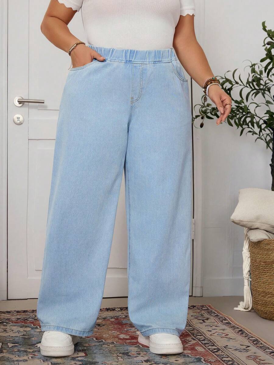 SHEIN Privé 大尺碼牛仔褲 - 淺色水洗藍 - 查看 1