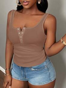 Slaydiva Casual All-Match White Cami Top With Deep U-Neck And Racerback-C - Mocha Brown - View 3