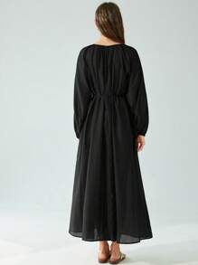 Aveloria Modichic 女士 V 领褶皱泡泡袖缎面亮面连衣裙，配腰带和 A 字形下摆，适合通勤和正式场合 - 黑色 - 查看 2