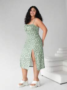 Solflare Plus Size Feminino, Roupas de Praia Femininas, Boho, Roupas de Primavera, Vestido de Festa de Natal Plus, Vestido Havaiano Feminino, Vestido Casual Feminino, Vestido Casual com Alças Finas e Estampa Dividida - Verde Azeitona - Ver 5