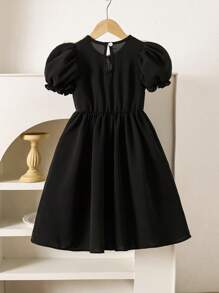 SHEIN Young Girl Elegant Color Block Peter Pan Collar Bow Decor Dress - Black - View 3