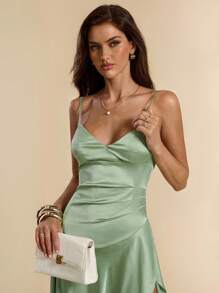 SHEIN BAE Abito da donna in raso con scollo a V sexy, spacco alto, adatto per ballo, laurea o altre occasioni come Pasqua, estivo