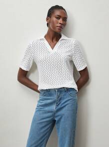 Lumivelle Women's Solid Color Simulated Fur Textured Fabric Oversized Casual T-Shirt With Turn-Down Collar - White - View 5