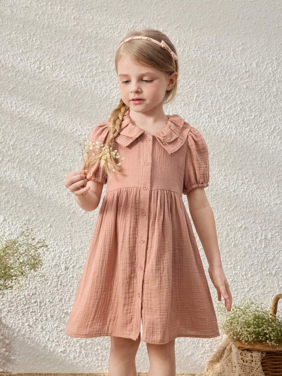 SHEIN Leap Crew Young Girls' Elegant French Style Pink Ruffle Collar Front Open Dress, Spring/Summer - Brown - View 1