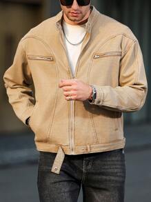 Manfinity LEGND Men's Khaki Denim Jacket With Stand Collar Zipper Details And Wrist-Length Sleeves