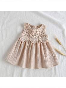 Loomiva Newborn Baby Girl Solid Color Ruffle Trim Round Neck Sleeveless Cinched Waist Dress