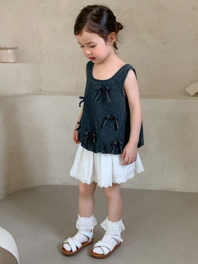2pcs Young Girls Denim Sleeveless Vest + Skirt Set, Summer