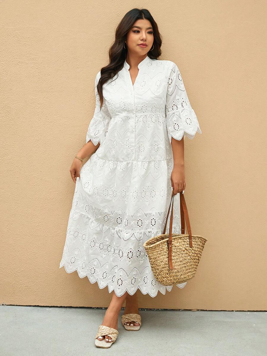 Elaquor 大码简约镂空刺绣缺口领连衣裙，度假风格，夏季