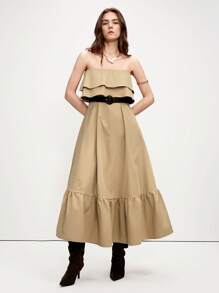 SHEIN LUNE Váy ống dài thường ngày viền bèo nhún cho nữ - Màu Khaki - Xem 4