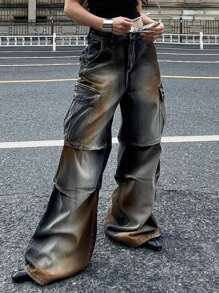 Coolane 女士春夏复古 Dirty Cargo 基本款牛仔脏洗直筒裤 - 黑色 - 查看 3