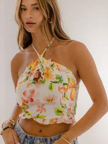 Aralina Floral Print Halter Ruffle Trim Summer Vacation Crop Top - Yellow - View 4