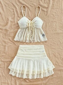 Soleia 2pcs Set: Women's Textured Drawstring Bust & Ruffle Hem Cami Top And Layered Ruffle Mini Skirt, Fitted Slim Silhouette, Vacation, Party, Date, Afternoon Tea, Back To School, Graduation, Beach Outfit Boho - Beige - View 8