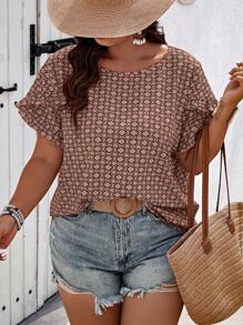 Breezaya Women Plus Size Geometric Printed Round Neck Ruffle Sleeve Casual Blouse - Coffee Brown - View 5