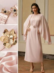 ZEYLAH Women's Solid Color Round Neck Long Sleeve Elegant Maxi Dress, Satin Evening Dress - Pink - View 7