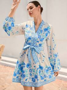 SHEIN VCAY Vestido de mujer de manga larga con estampado floral y cintura definida, conjunto de ropa de vacaciones - Multicolor - Ver 4