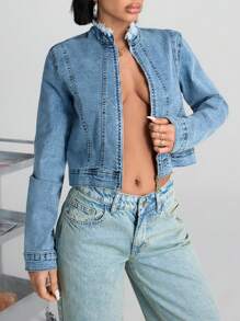 RueChic Giacca di jeans casual da donna con chiusura lampo anteriore e design con frange a maniche lunghe